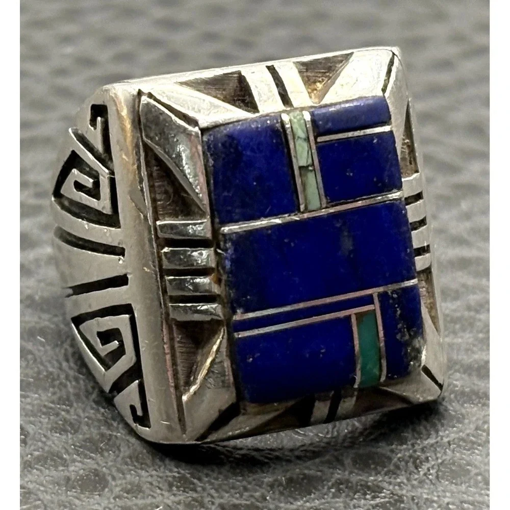 Vintage Sterling Silver Lapis Lazuli Malachite Inlay Heavy Chunky Ring Size 8.5